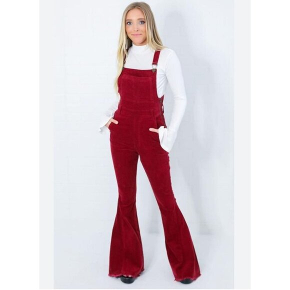 Mumu Blue Womens Corduroy Flare Overalls Berkeley Bell Bottom Red Size XL - Picture 1 of 11